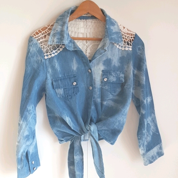 Poetry Tops - DENIM & LACE S Crochet Tie-Front Denim Shirt Small